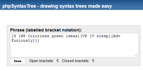 phpSyntaxTree 入力欄。括弧で統語構造を入力し、［Draw］ボタンを押すだけ。