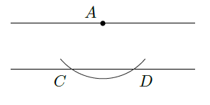 平行線に対して垂直な線を引く作図。まずは片方の線上の点から、別の線上に向かって弧を描く。