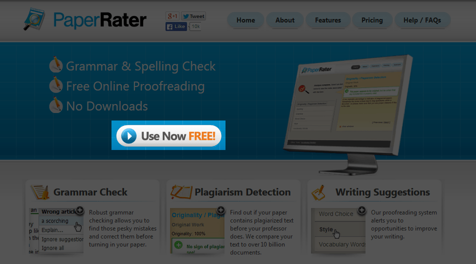 PaperRaterで英文のブラッシュアップを行うためには、Use Now FREE! ボタンから始める。