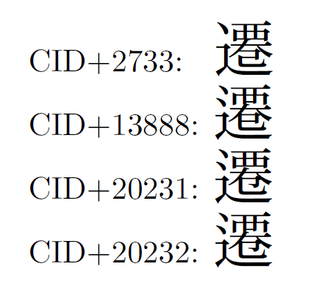 Adobe Japan1-6における「遷」のさまざまな字体。旧字体でよく使われた右下を「巳」として右上を「覀」にした字形を用いることはできない。