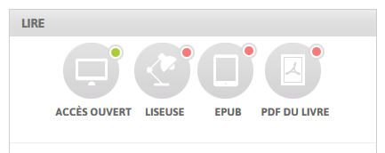 右上に緑色の丸がついているものは無料でできる。逆に、赤色の丸がついているものは無料ではできない。この例では、“ACCÈS OUVERT”（オープンアクセス）が緑になっており、オンラインでそのまま読む場合は無料でできる。また、“LISEUSE”（ブックリーダモード）、“EPUB”（EPUBのダウンロード）、“PDF DU LIBRE”（PDFのダウンロード）は無料ではできない。