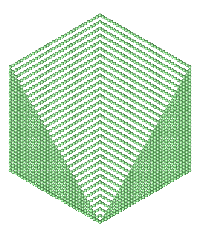 2016個の丸を正六角形の形に並べたもの。この図で1番外側の六角形の一辺には32個の丸が並んでおり、2016が32番目の六角数であることが分かる。
