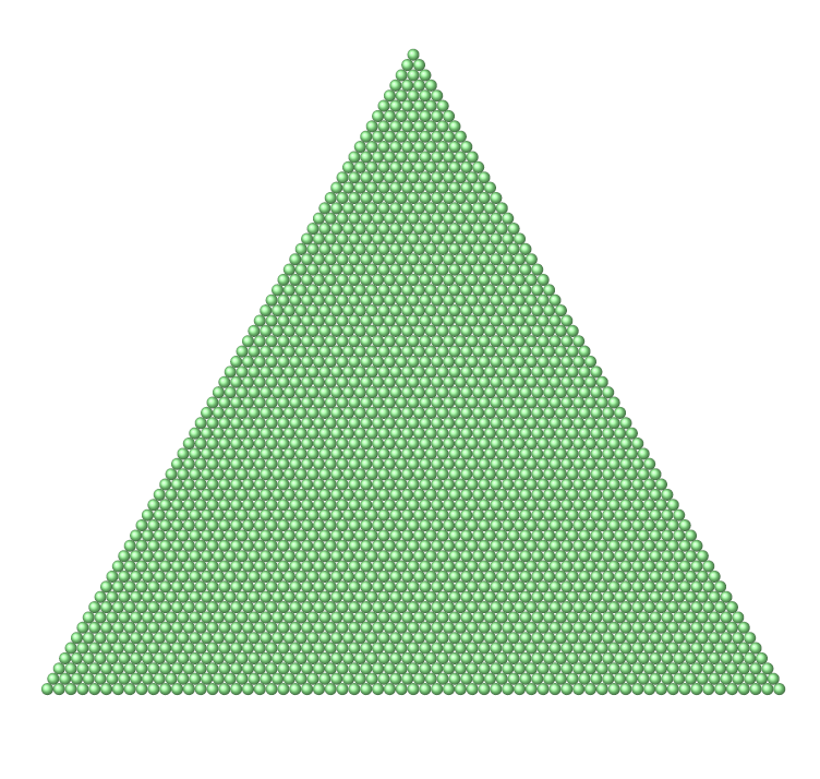 2016個の丸を正三角形の形に並べたもの。この図で1番外側の三角形の一辺には63個の丸が並んでおり、2016が63番目の三角数であることが分かる。