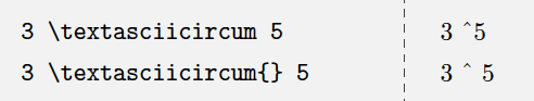 \textasciicircum の後に波括弧がない場合とある場合の LaTeX での出力。波括弧なしの状況（上段）では、サーカムフレックスの後に空白が出ないが、波括弧ありの状況（下段）では空白が出る。