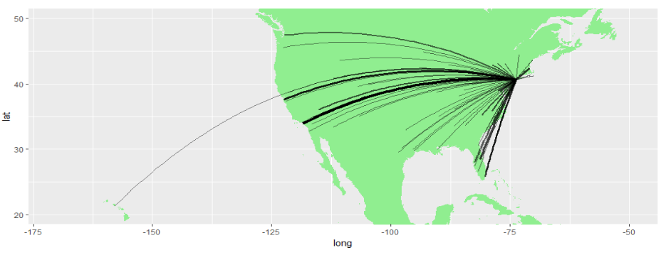 ニューヨーク市のジョン・F・ケネディ空港からのフライトの数を図示したもの。フライト数に応じて線が太く濃くなっている。