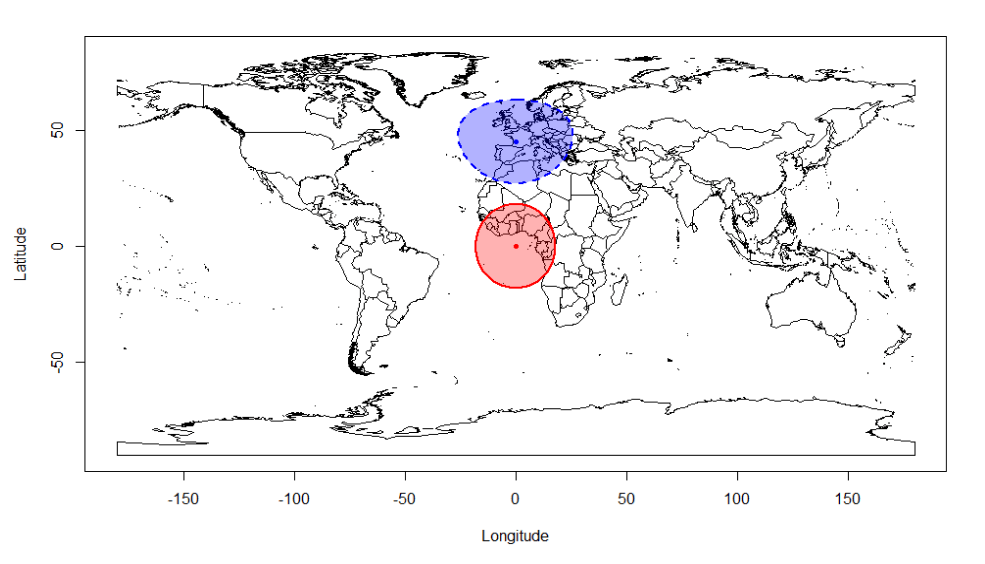 世界地図上に等距離線を描いた例。地図中央（西アフリカの沖合）の赤い実線で囲まれた部分が、経度0度緯度0度の地点から2000キロメートルの等距離線である。地図の上側（西ヨーロッパ）の青い破線で囲まれた部分が、経度0度北緯45度の地点から2000キロメートルの等距離線である。