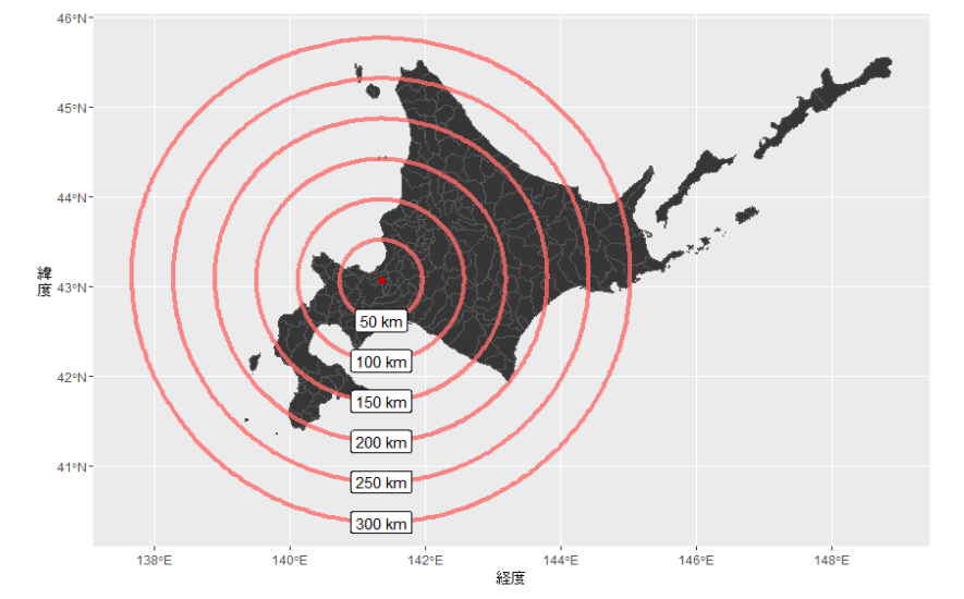 札幌駅から50, 100, 150, 200, 250, 300キロメートルの等距離線を北海道の地図上に描いたもの。