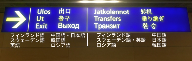 フィンランドのヘルシンキ・ヴァンター空港における出口・乗り継ぎの案内看板（2017年10月撮影）が表している7言語。